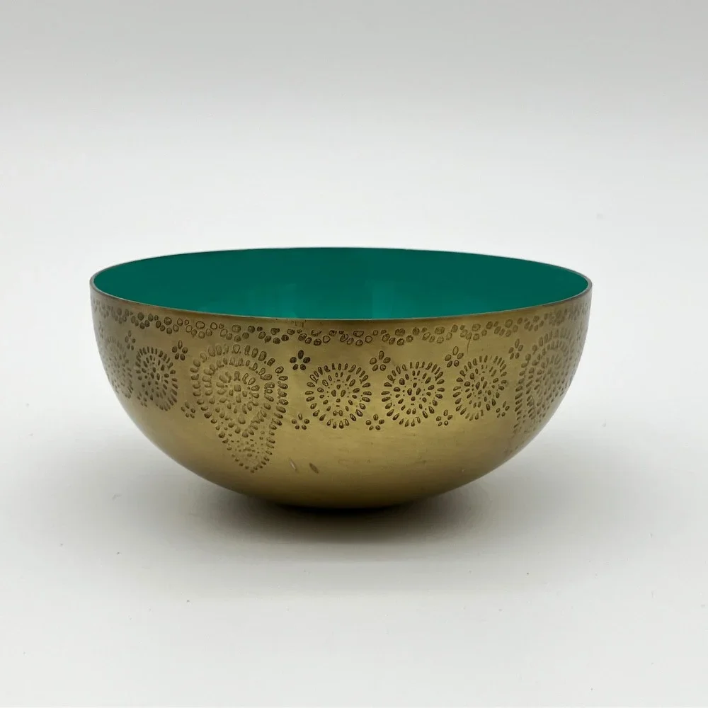 Vintage Decorative Brass Bowl 5in Teal Enamel Interior Textured Floral Gold